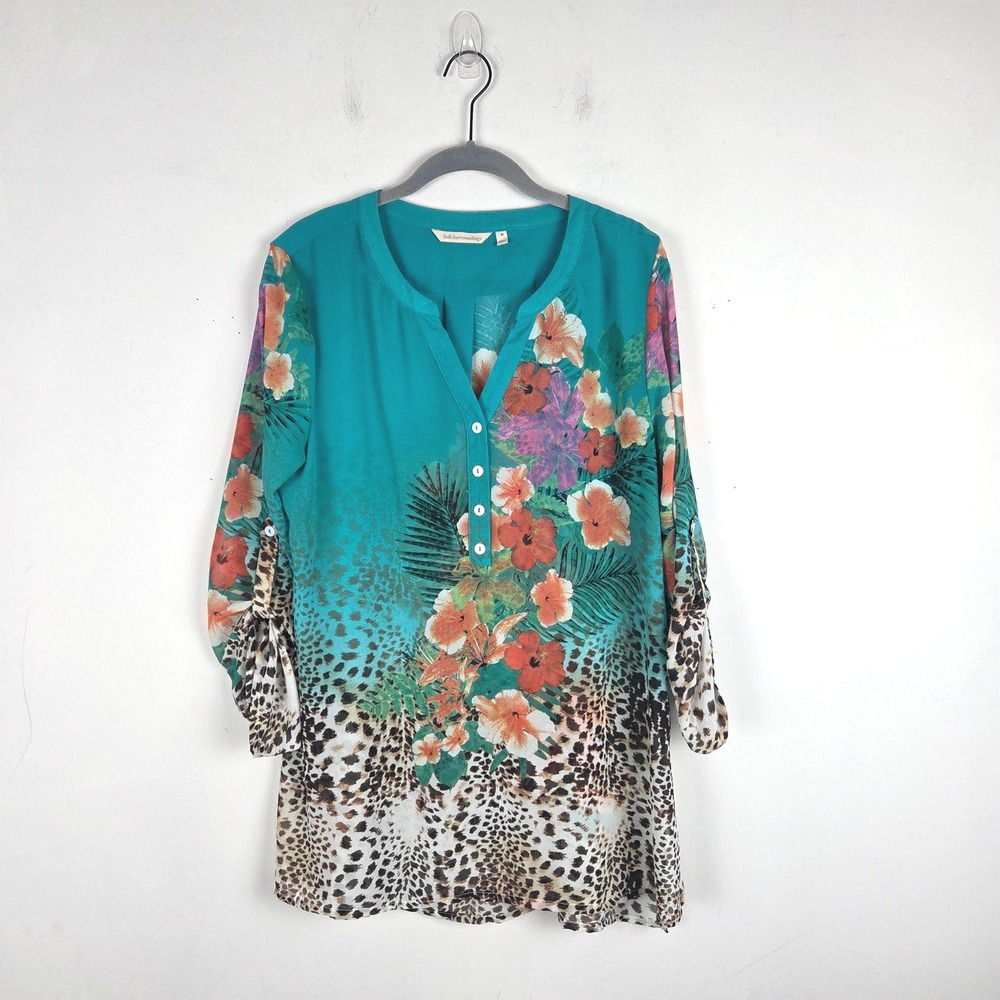 Soft Surroundings Geovana Teal Floral Animal Print Sheer Roll Tab Sleeve Tunic M - Picture 2 of 9